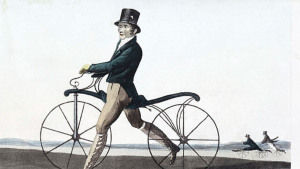 Denis Johnson's son riding a velocypade in 1819.19th century cycling history on Peloton&Tales