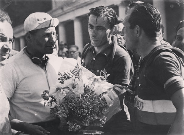 Italia team captain with his two great cycling superstars Fajsro Coppi and Gino Bartali possibly at Tour de France 1949