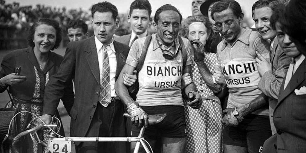 Serse Coppi with his older brother Fausto Coppi after finishing Paris-Roubaix in 1949