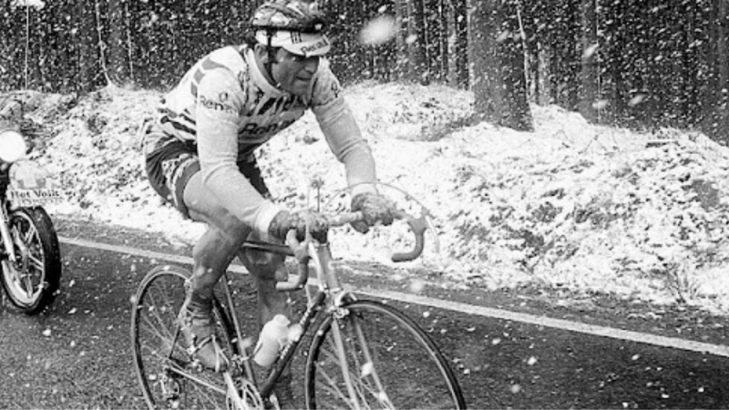 French cycling legend Bernard Hinault riding in the snow at Liège-Bastogne-Liège in 1980.