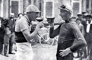André Leducq and Nicolas Frantz celebrating the secure of Frantz's second overall victory at the Tour de France i n 1928