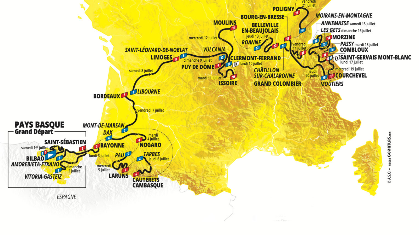 The buttom half of the Tour de France 2023 map including the stages in the Pyrenees and the Alps.