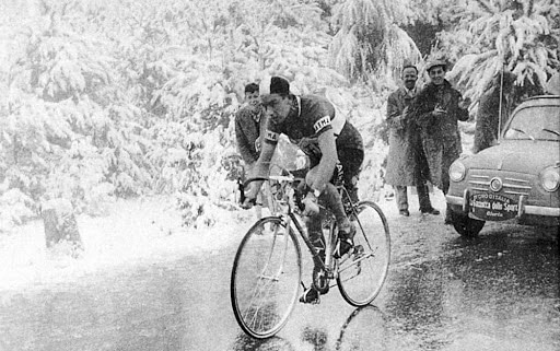 A famous cycling in snow image: Charly Gaul on Monte Bondone Giro d'Italia 1956
