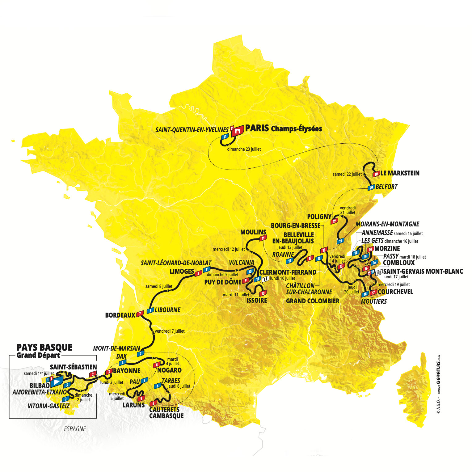 The map of the cycling race Tour de France held between 1 and 23 July 2023 