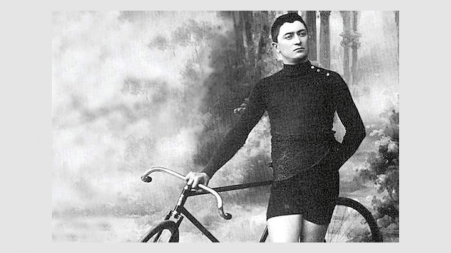Giovanni Gerbi (1885-1955), iconic cyclists from the first half of the 20th century is posing with his bicycle.