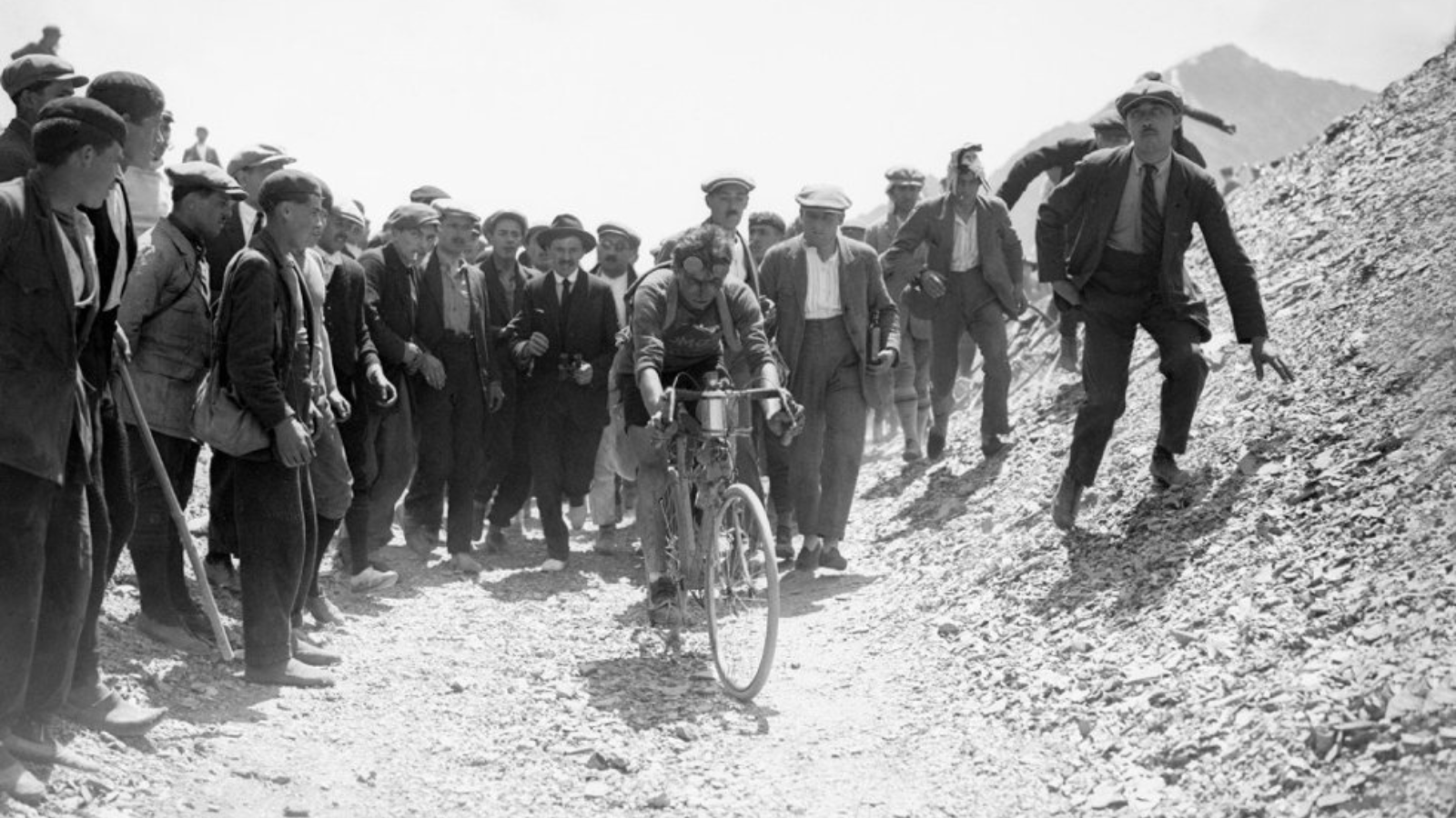 Italian Tour de France winner Ottavio Bottecchia on the Col du Tourmalet surrounded by cheering crowd during the Tour de France in 1824