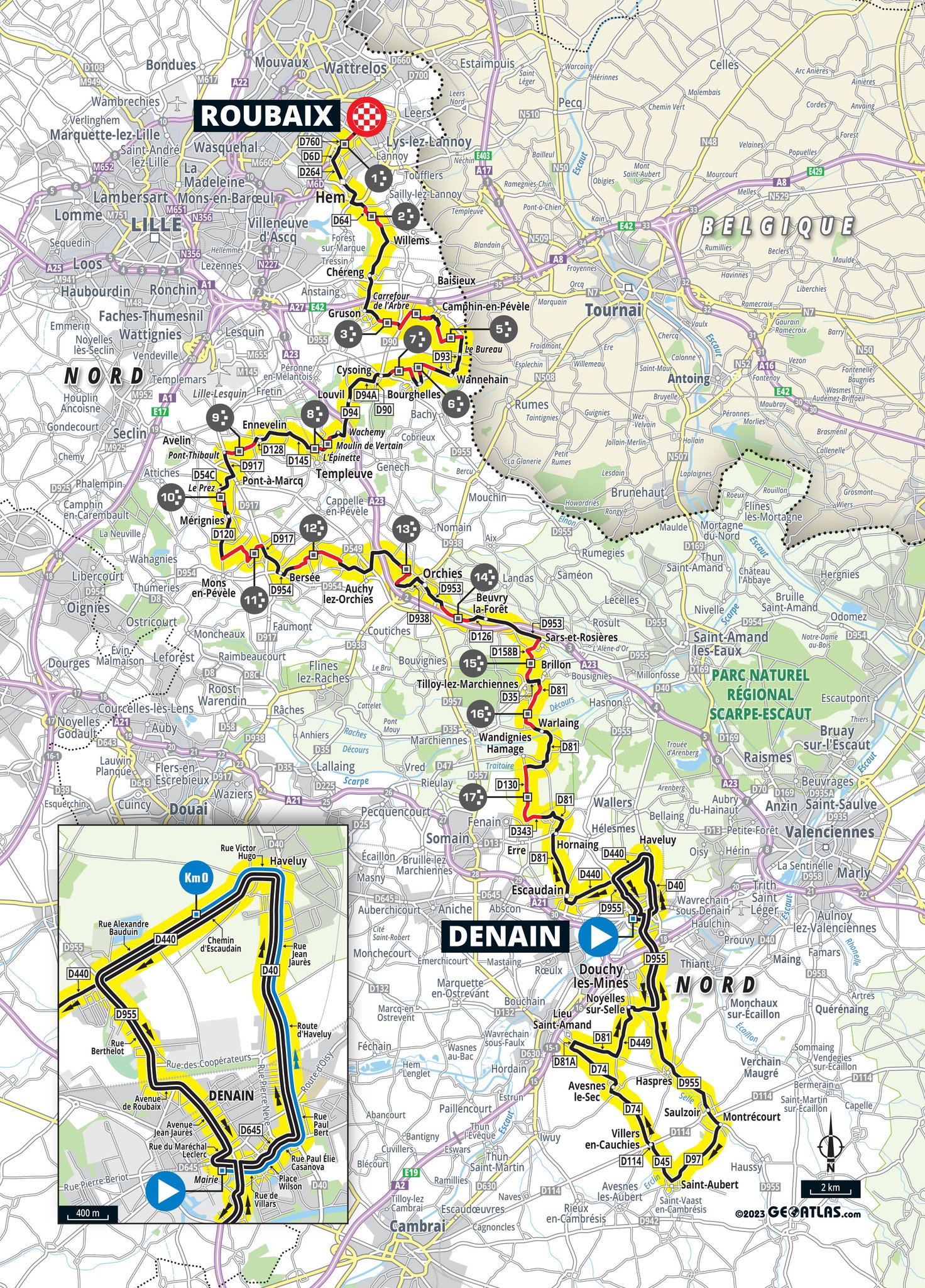 Map of the 3rd Paris-Roubaix Femmes cycling race on 8 April 2023