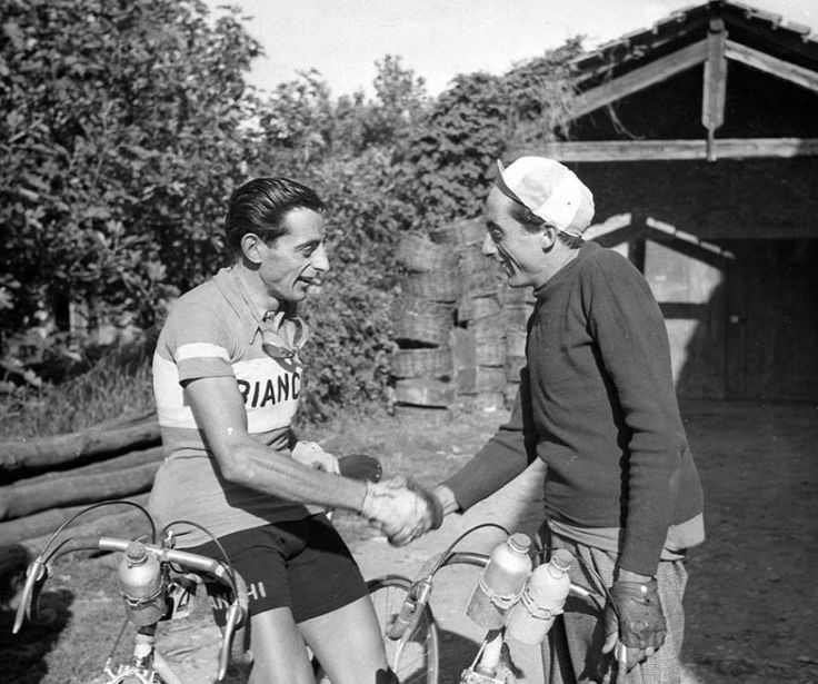 Handshake between Fausto Coppi and his brother Serse Coppi.