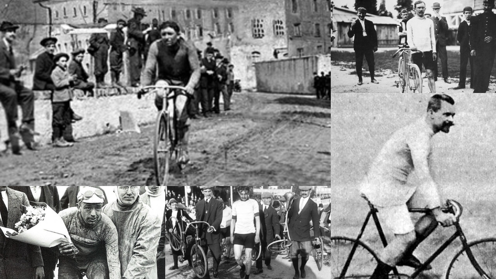 montage picture of the five cyclist who won the first editions of the five monuments