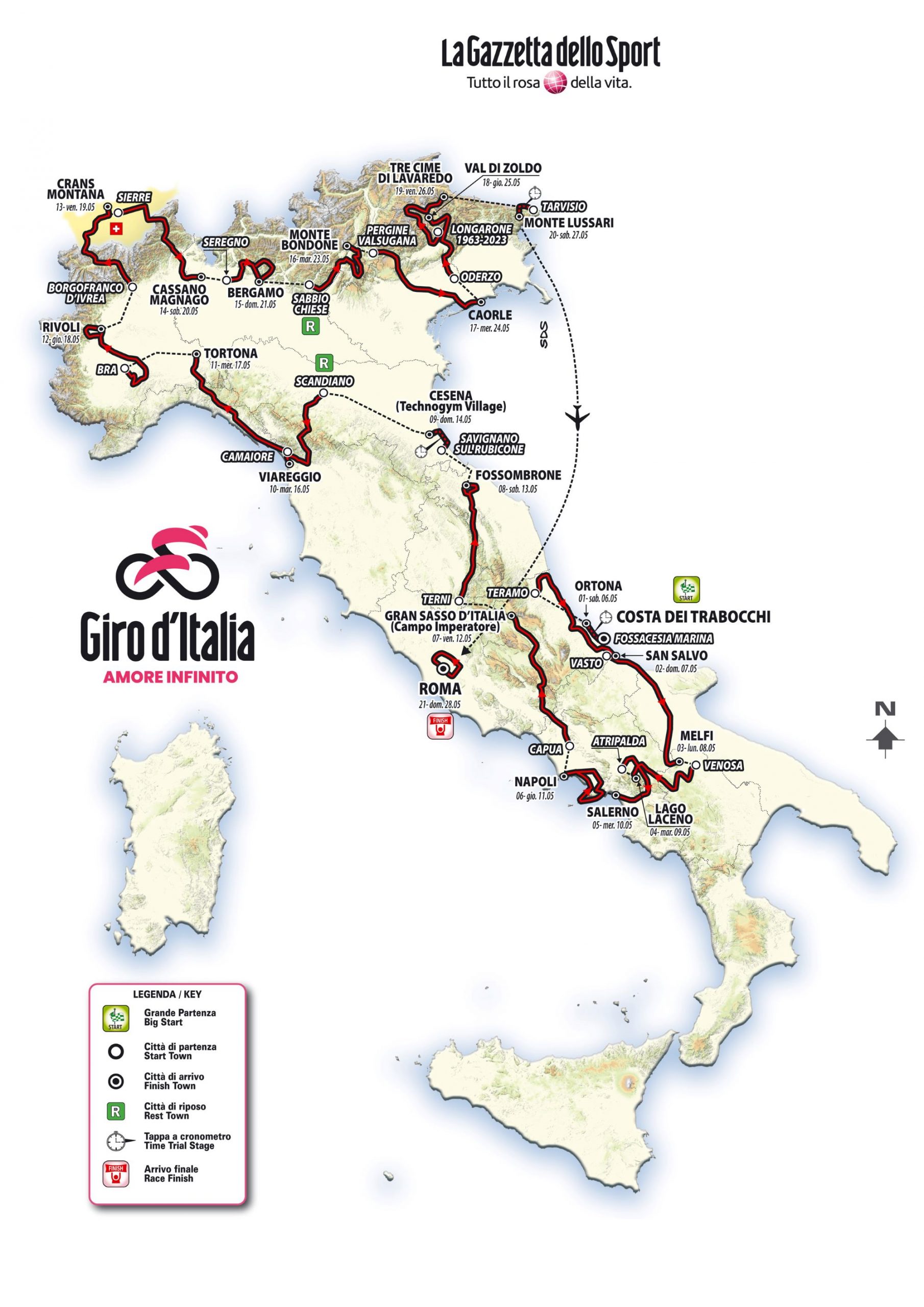 The program of the106th Giro d'Italia (6-28 May 2023) on a map of Italy