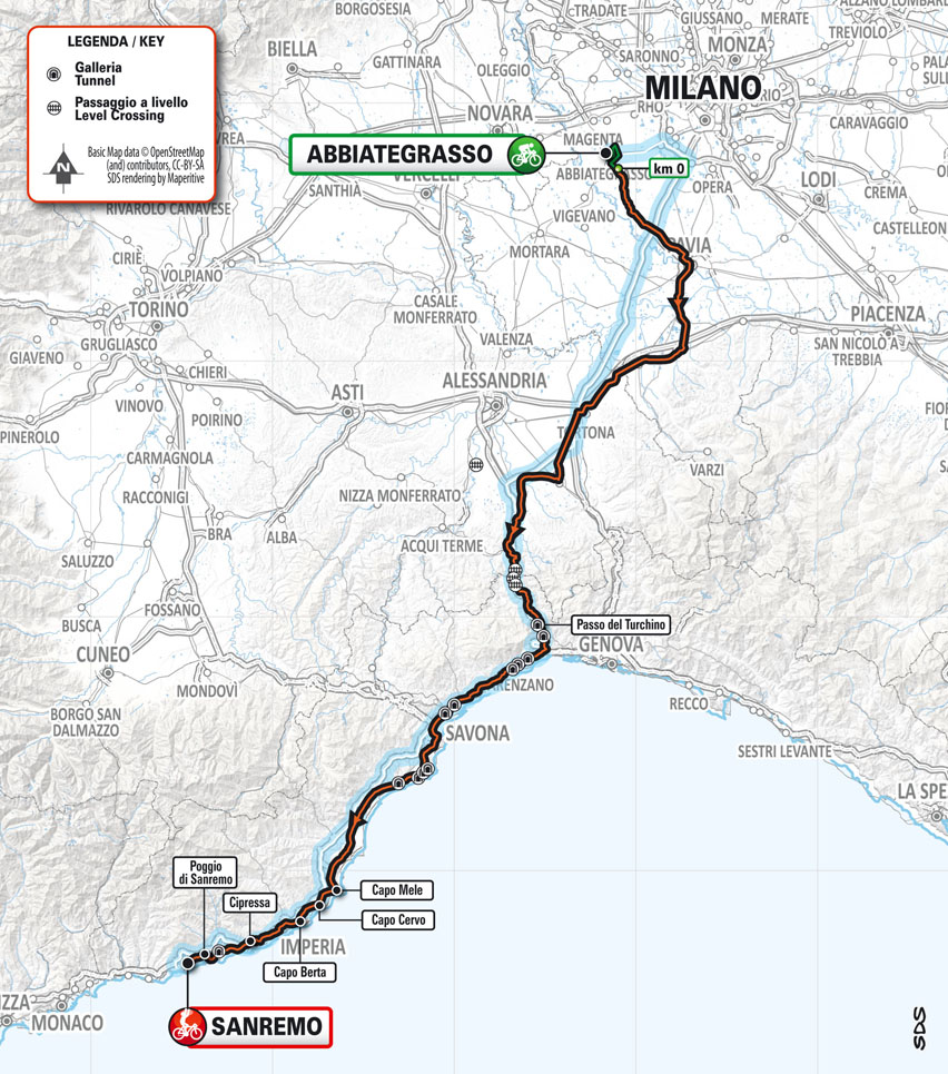 the map of the cycling race Milano-Sanremo 2023 