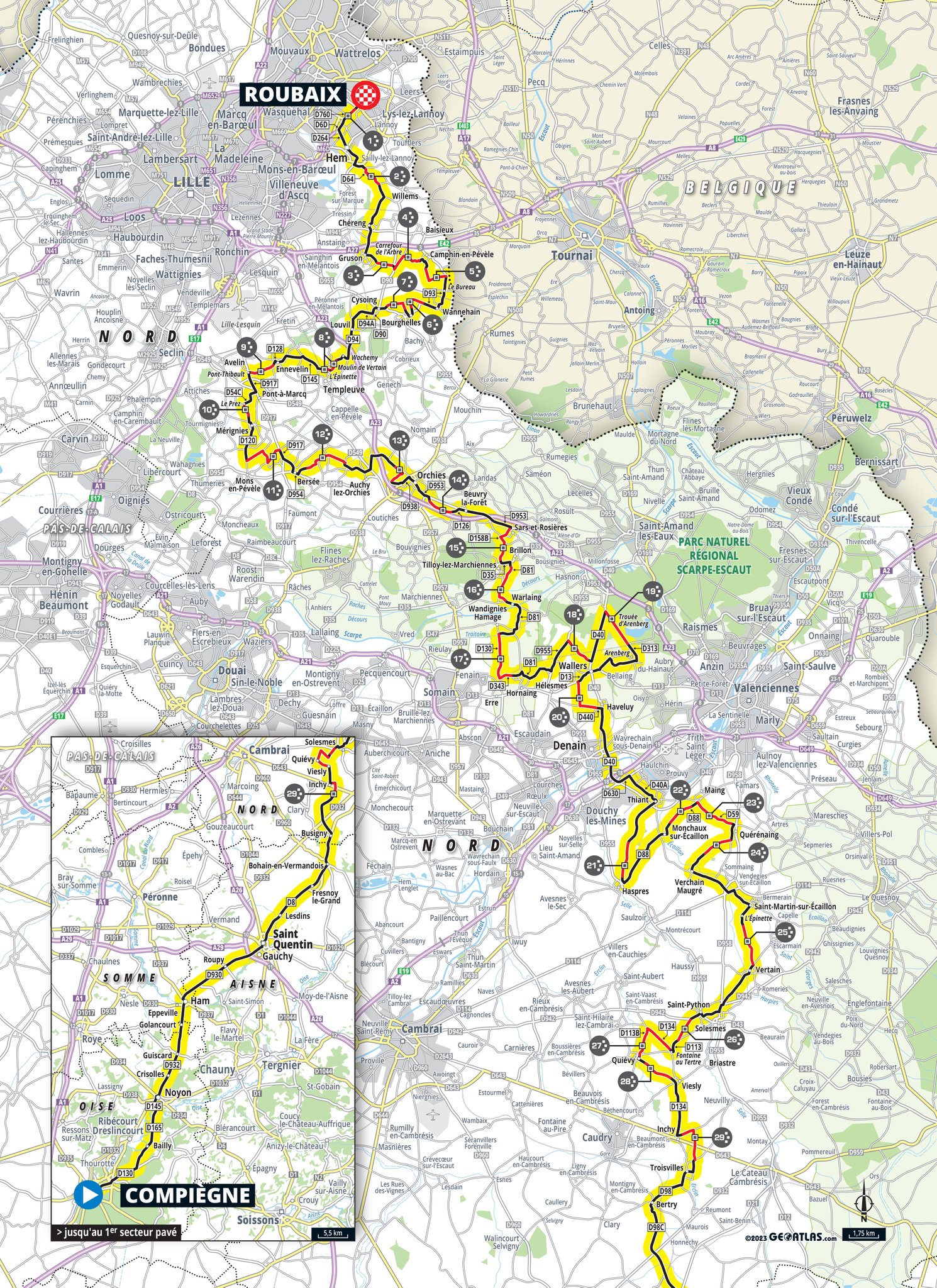 Map of the 2023 edition of legendary one-day race Paris-Roubaix, the "hell of the north"