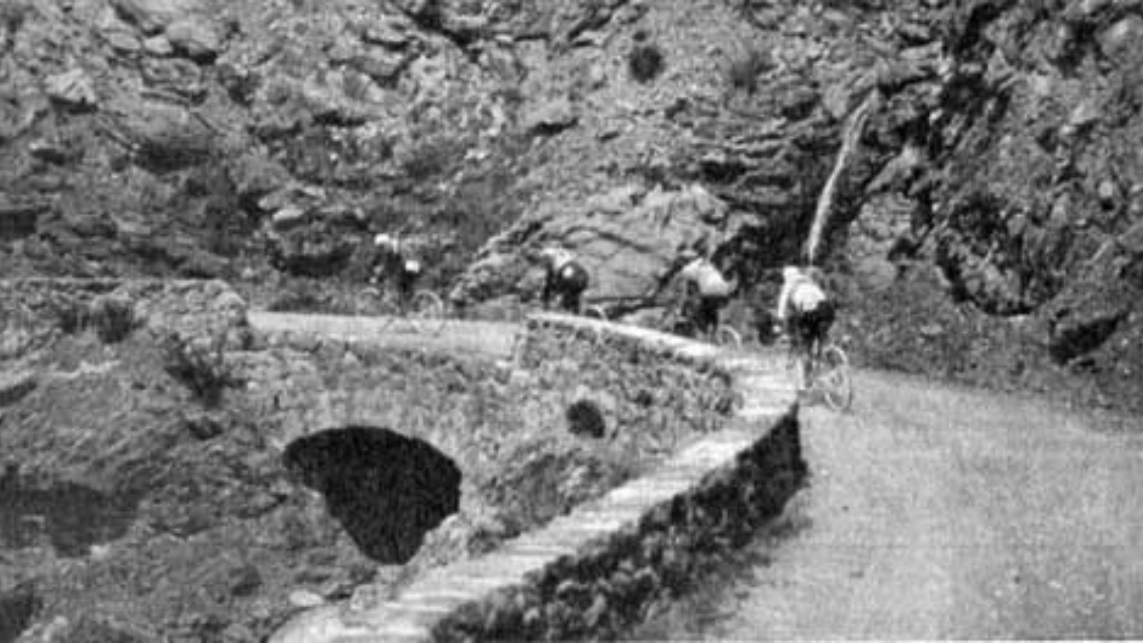 Cyclists riding a mountain stage at the Tour de France in 1912
