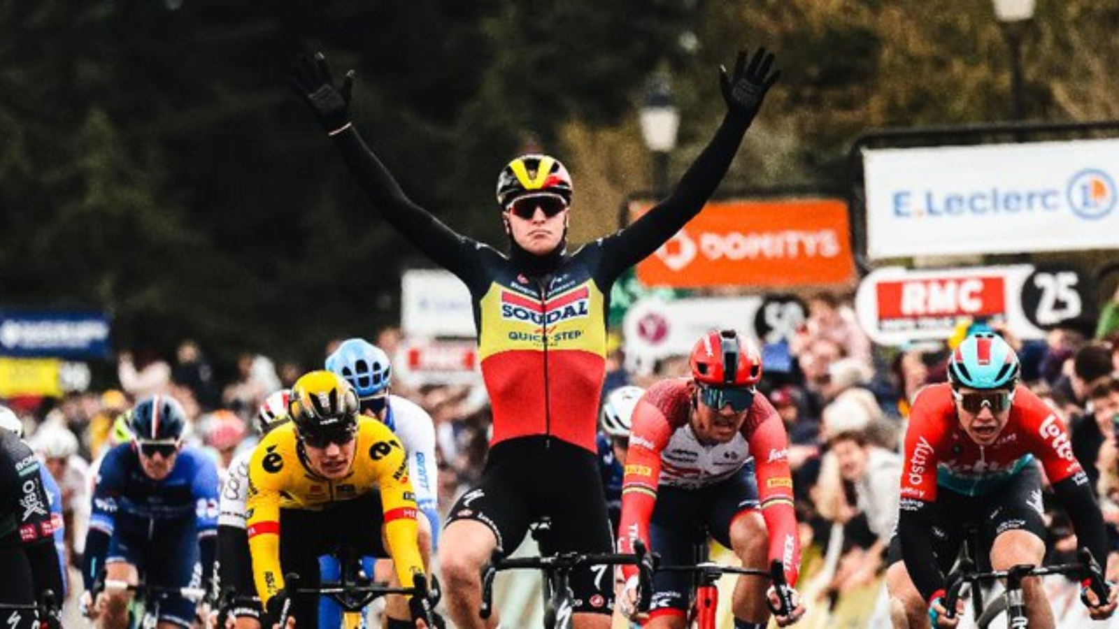 Belgian road cycling national champion Tim Merlier, winner of the first stage of Paris-Nice crossing the finish line