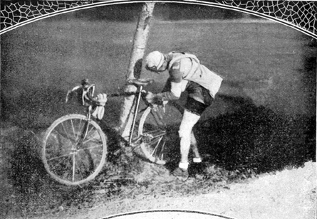 Three-time Giro d'Italia winner Giovanni Brunero is repairing his own bike at the Giro d'Italia 1921