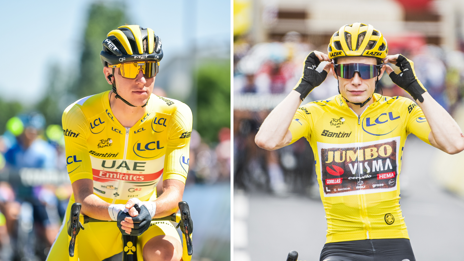 Montage of Tour de France winners Tadej Pogacar (2020, 2021) and Jonas Vingegaard (2022) in their yellow jerseys