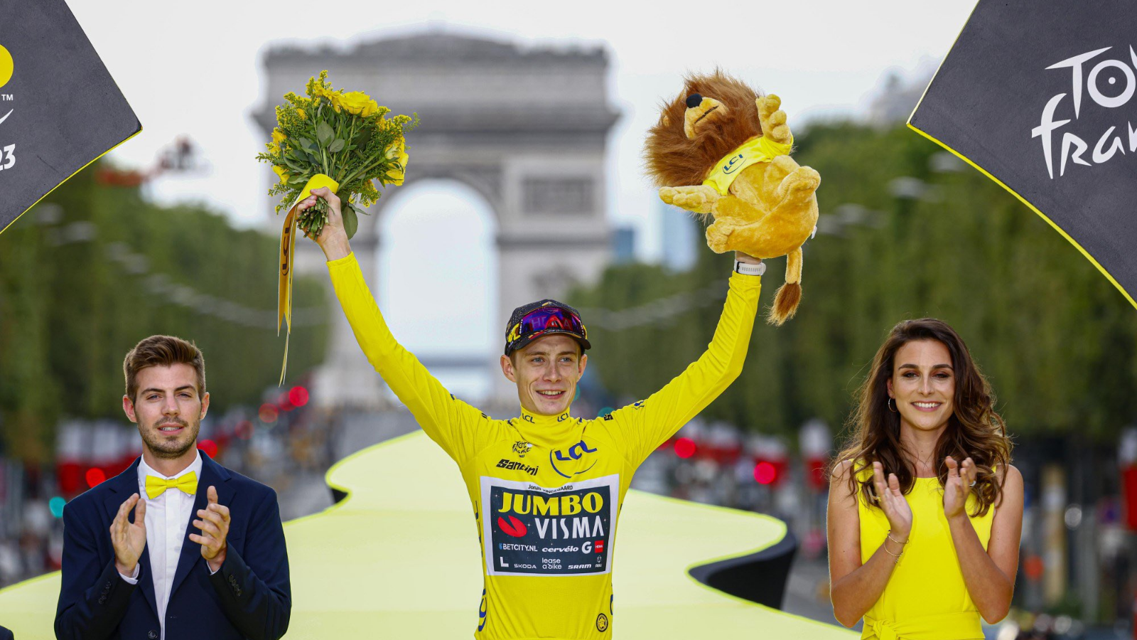 Danish cyclist Jonas Vingegaard celebrating his second Tour de France overall victory in Paris on 23th July 2023.