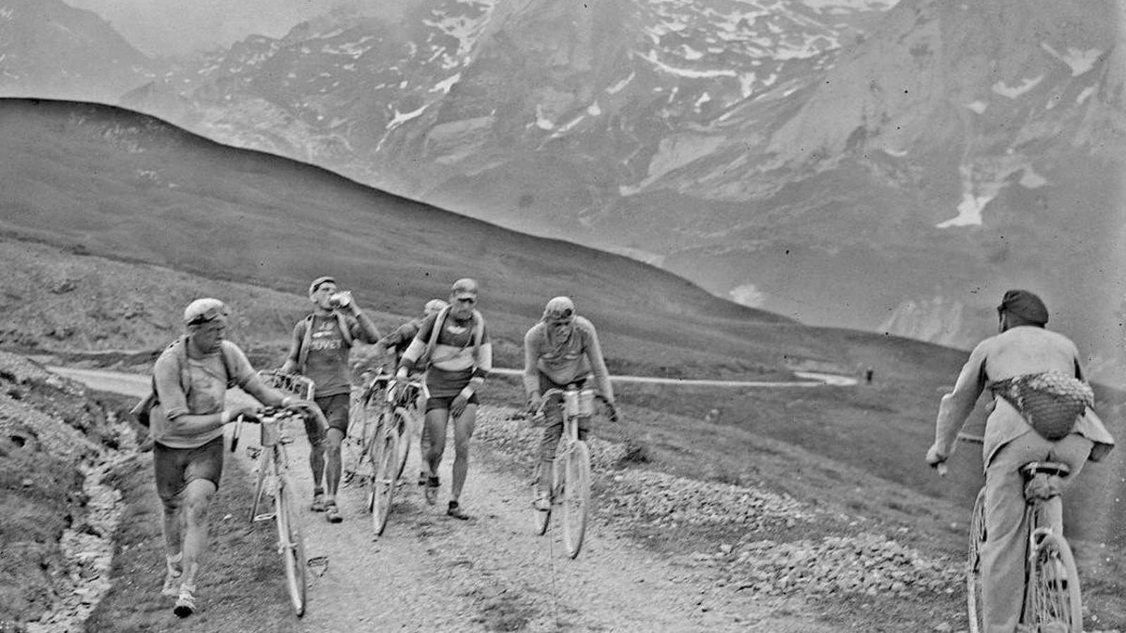 Five cyclists on untwrmacked mountain road during Tour de France 1925