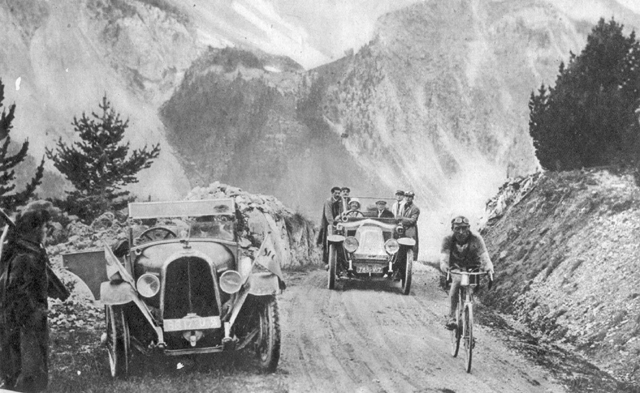 Two-time Tour de France winner Italian cycling legend Ottavio Bottecchia c!imbs Col d'Izoard in the 13th stage of Tour de France 1925. 