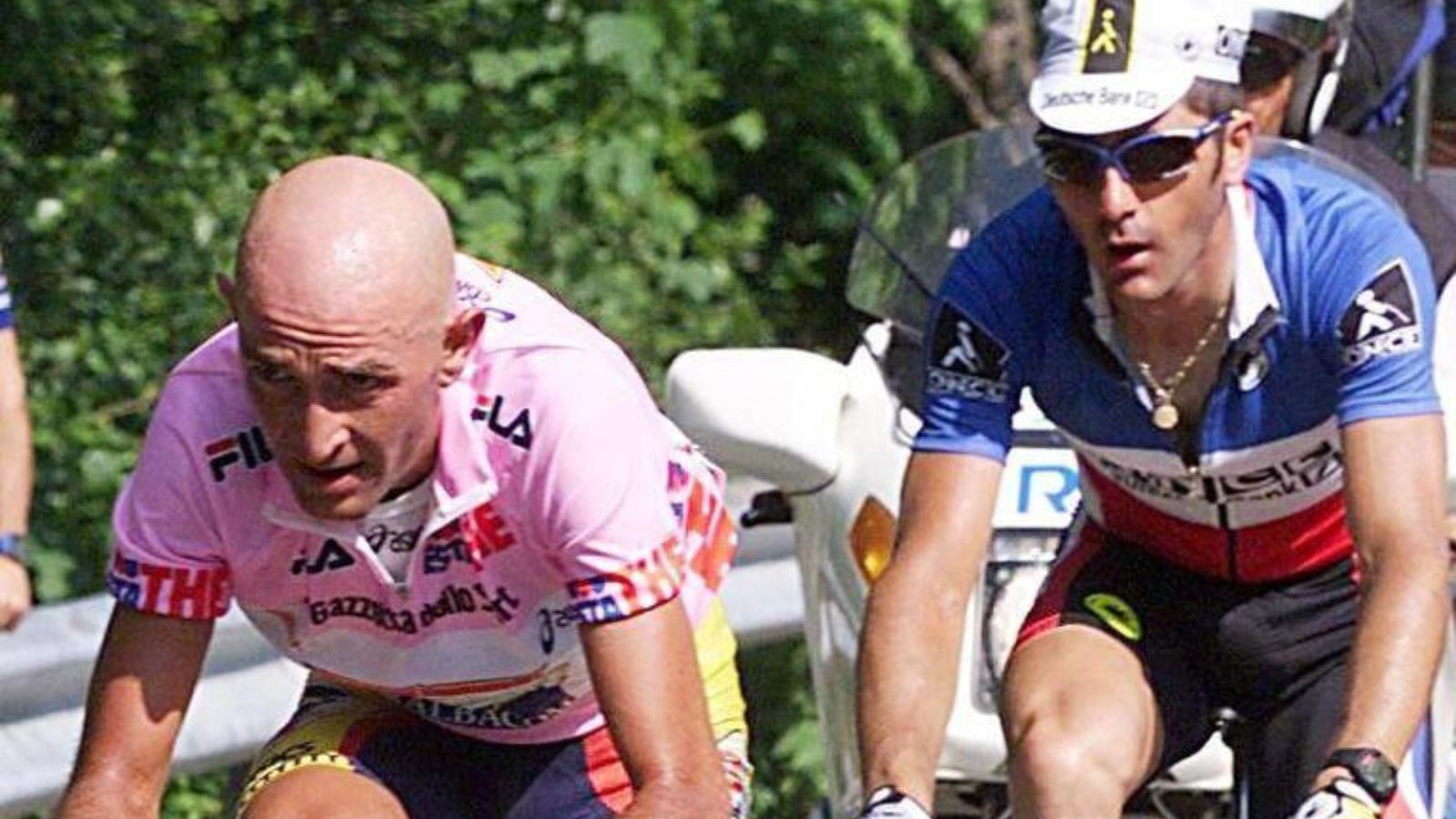 Marco Pantani and Laurent Jalabert climbing Oropa in the 15th stage of Giro d'Itali 1999.
