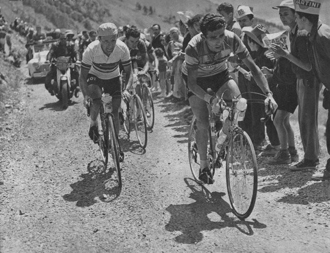 Federico Bahamontes, Stan Ockers and Roger Walkowiak struggling through the Alps in stage 17 at Tour de France 1956