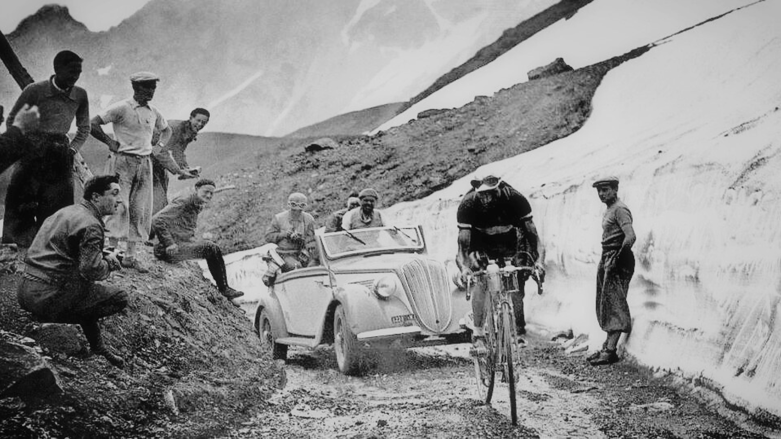 Italian two-time Tour de France winner and one of the greatest legends Gino Bartali climbing the Alps at Tour de France 1937