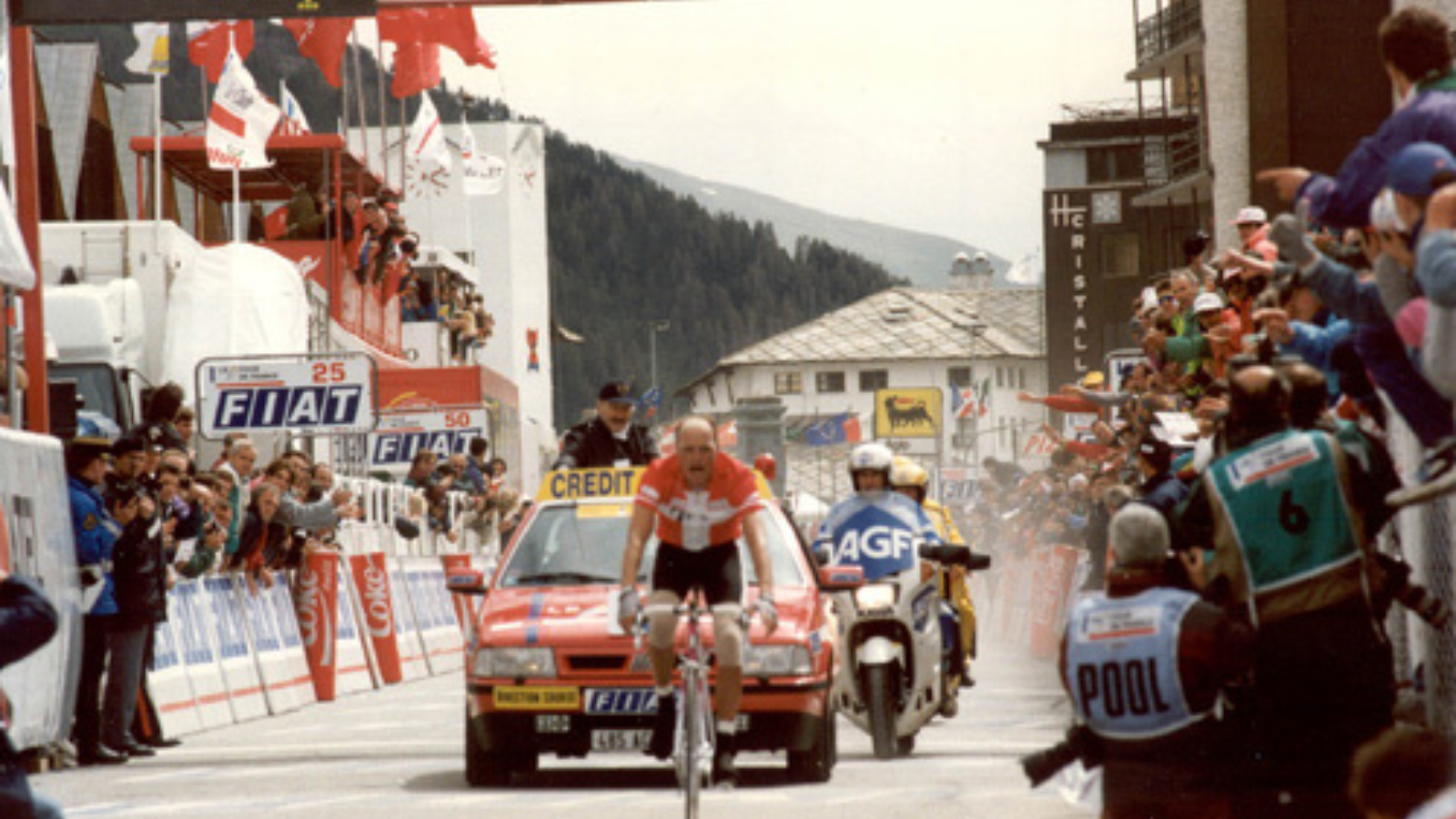 Bjarne Riis wins a shortened, 46 km long stage in the Alps at Tour de France 1996