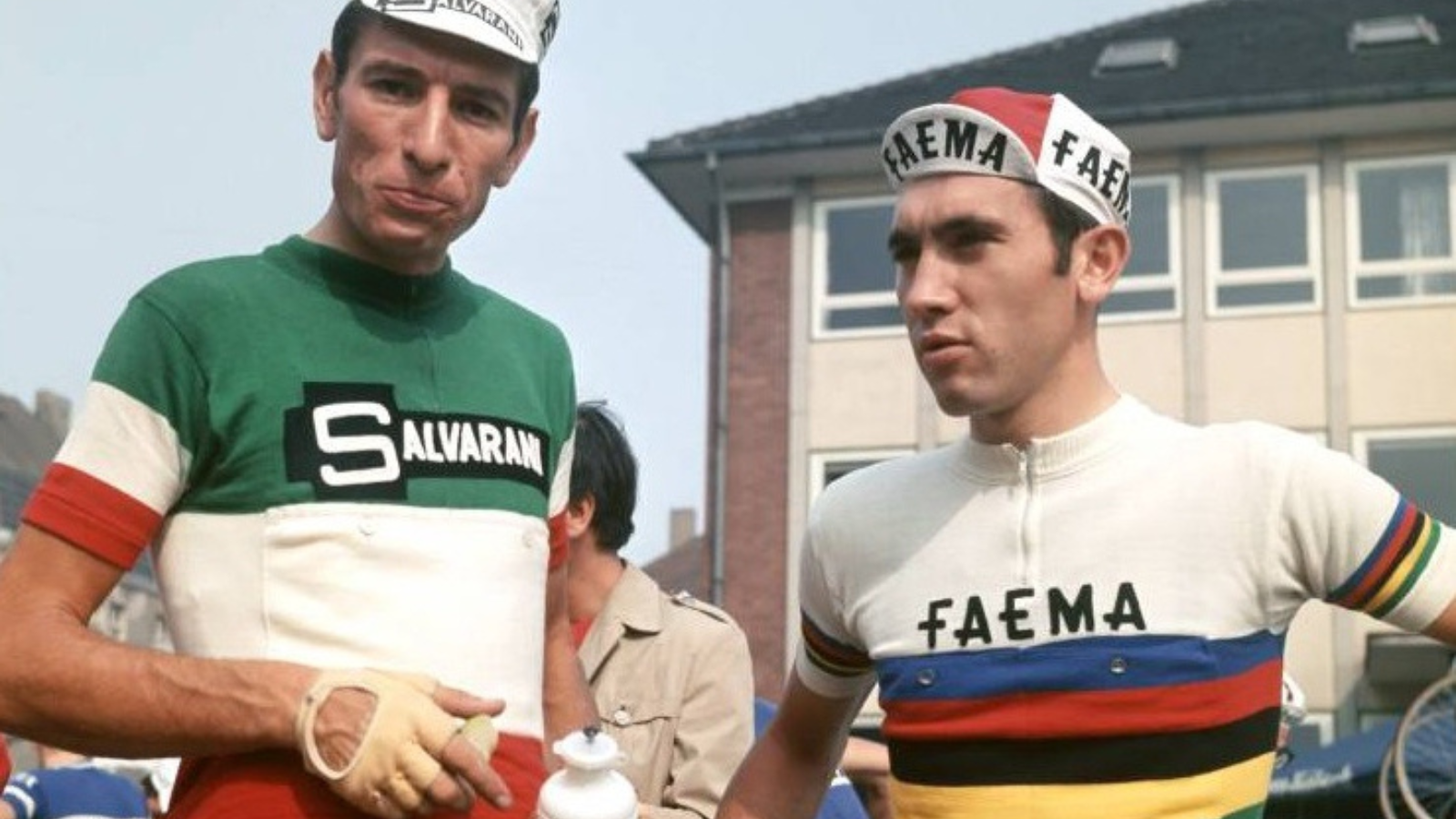 Felice Gimondi in the Italian road champion jersey and Eddy Merckx in the rainbow jersey of the world champions