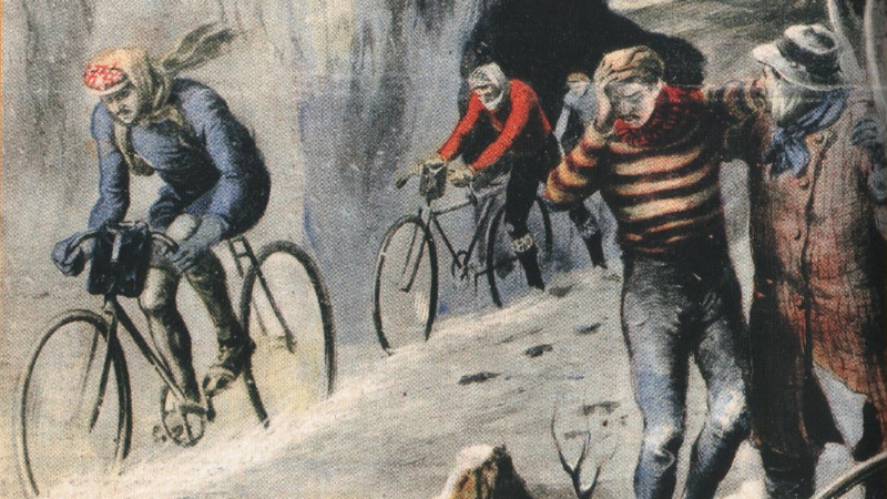 Newspaper illutration for Milano-Sanremo 1910. Riders coming out of the Turchino Pass in the snow.