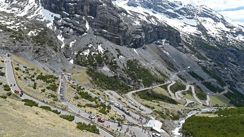 Birdview image of the Italian Passo dello Stelvio, one of the most iconic ascents of Giro d'Italia