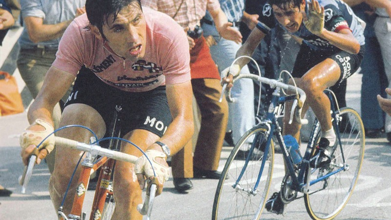 Belgian cycling superstar Eddy Merckx leading an attack while wearing the pink jersey during Giro d'Italia 1973