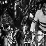 Italian cyclist Luigi Malabrocca arriving in the finish at a cycling race.
