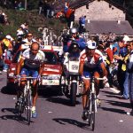 Marco Pantani is climbing Passo del Mortirolo alongside with Miguel Indurain at Giro d'Italia 1994