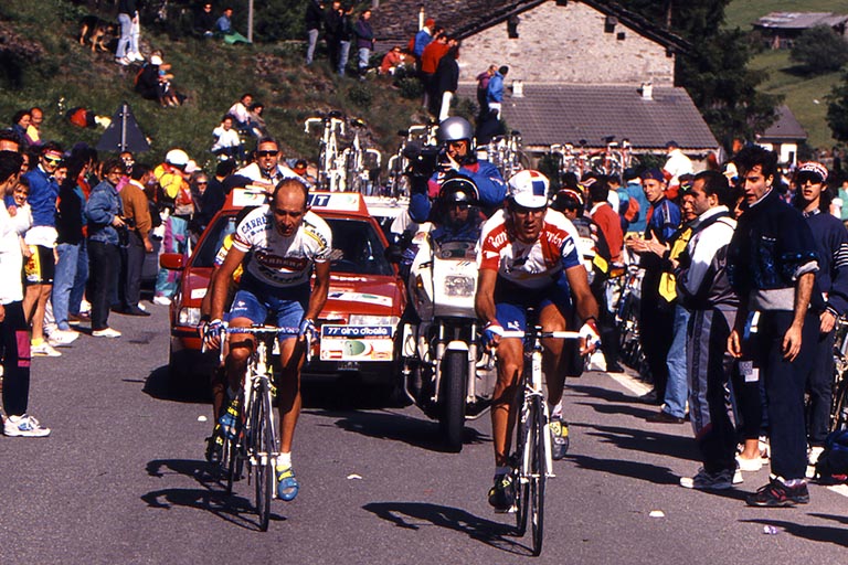 Marco Pantani is climbing Passo del Mortirolo alongside with Miguel Indurain at Giro d'Italia 1994