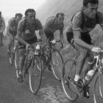 Mountain stage in the Pyrenees with the favourites, i cluding Louison Bobet at Tour de France 1954