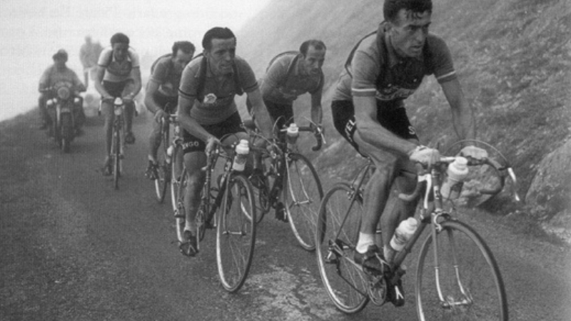 Mountain stage in the Pyrenees with the favourites, i cluding Louison Bobet at Tour de France 1954